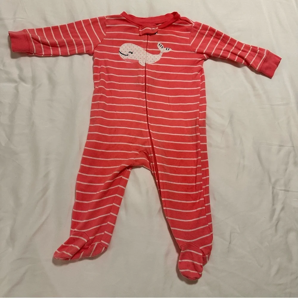Carter’s Pink Striped Kids One Piece Footies with Whale Design Size 6M - Picture 1 of 5